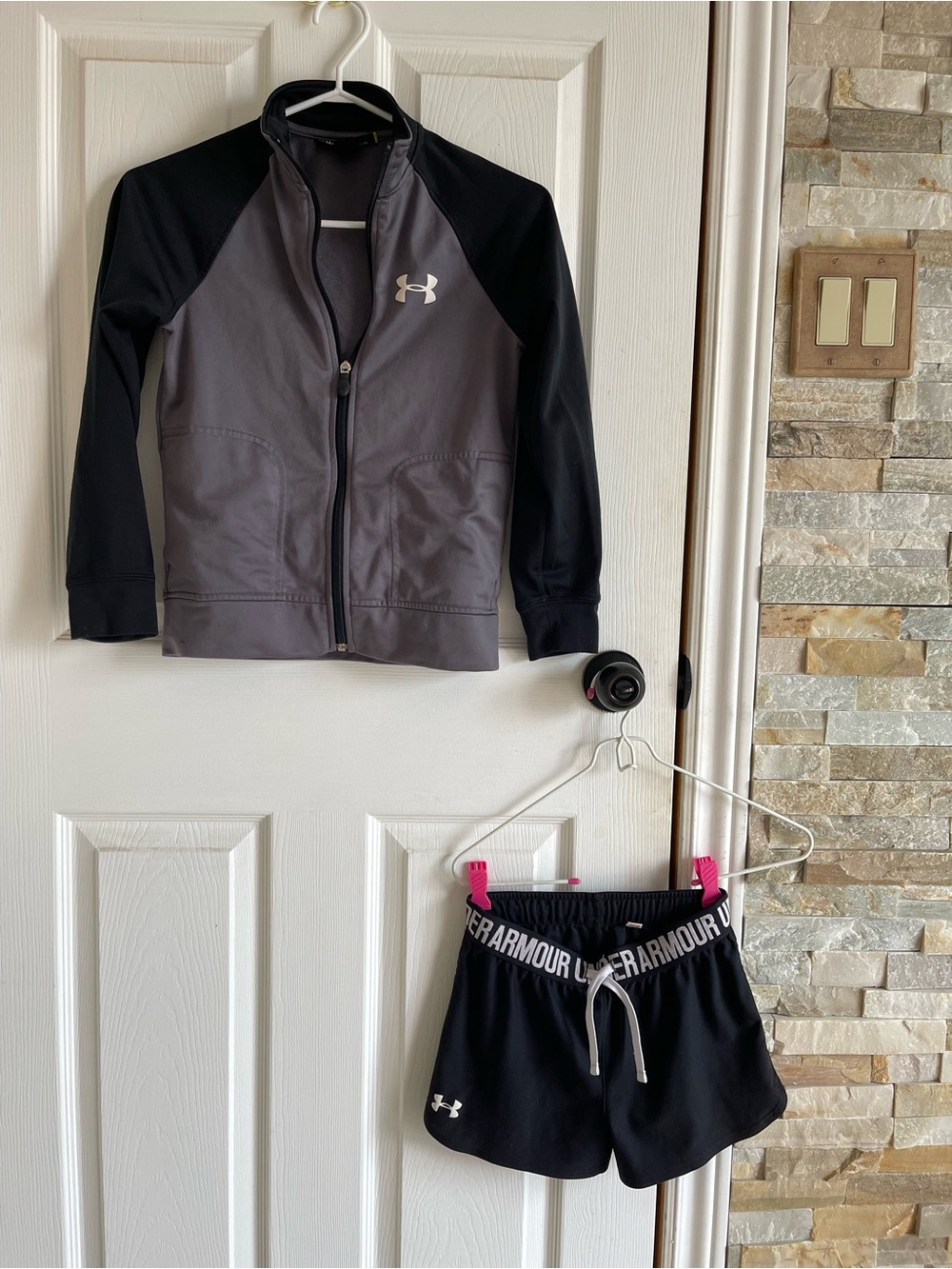 Under Armour Gray and Black Zip-Up Athletic Jacket and shorts